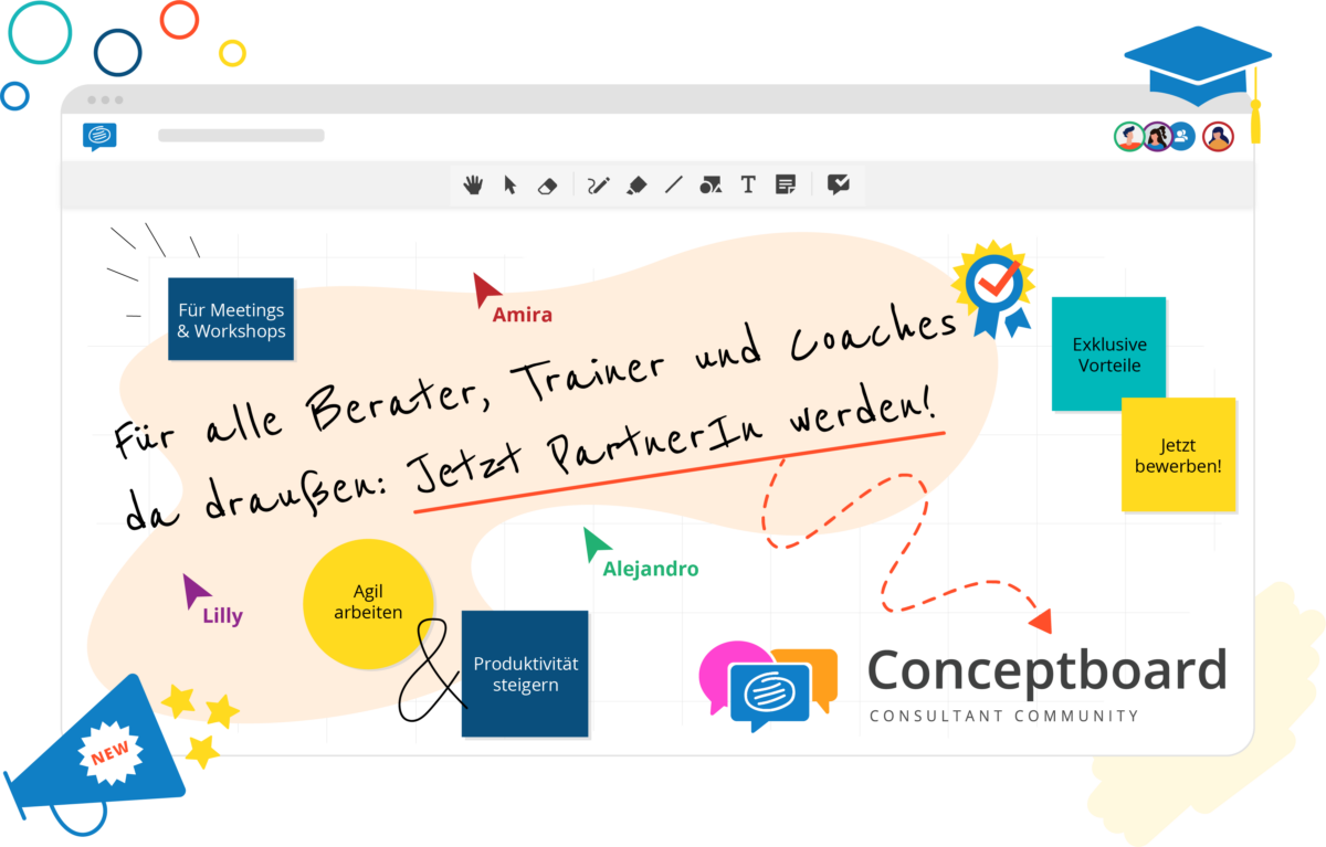 Header der Conceptboard Consultant Community mit einer darauf dargestellten Tafel, mit Cursorn, Haftnotizen, Pfeilen, Symbolen und einem Text mit der Aufschrift: „Für alle Berater, Trainer und Coaches da draußen: Jetzt PartnerIn werden!“