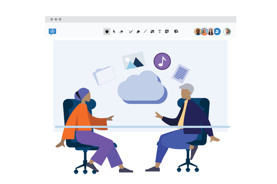 2 people sitting at the table in front of a conceptboard board with cloud hosting represented