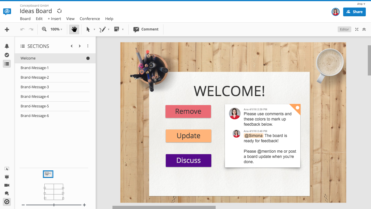 Conceptboard client welcome screen for online whiteboard