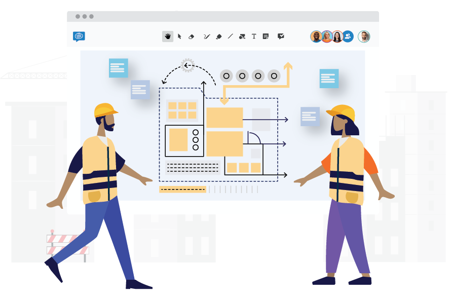 engineering people with safety helmet standing next to a big board working on an architectural project