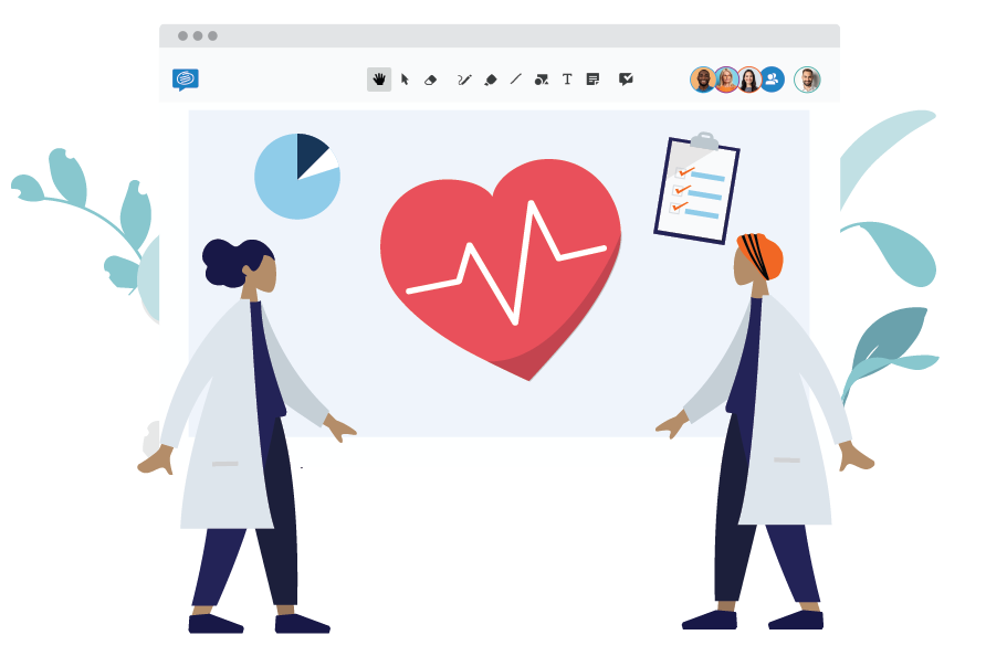 2 doctors from the healthcare working on a board which has a heart, a chart, a list on it