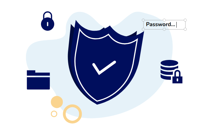 Security illustration. A shield hit a lock, map, password around it