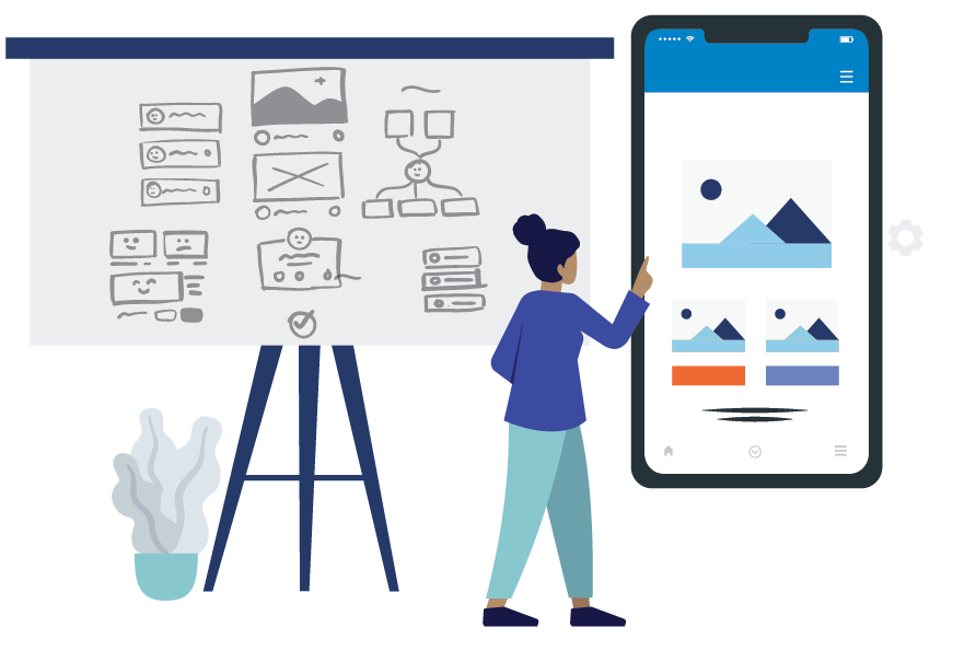 Person creating and UX design of an app in mobile version. Standing next to an online board with a prototype on it